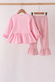 Pink stripe santa embroidery ruffle pants set