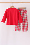Red christmas tree truck embroidery plaid pants set