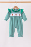 Green gingerbread embroidery stripe ruffle romper
