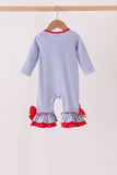 Blue christmas tree puppy embroidery stripe ruffle romper