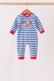Blue stripe train gingerbread embroidery romper