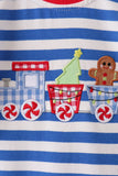 Blue stripe train gingerbread embroidery romper