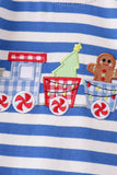 Blue stripe train gingerbread embroidery romper
