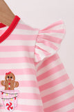 Pink gingerbread embroidery stripe ruffle romper