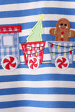 Blue stripe gingerbread embroidery top