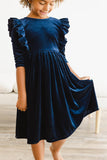 Navy Velvet Ruffle Twirl Dress