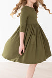 Olive 3/4 Sleeve Pocket Twirl Dress
