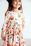 Pumpkin Peekaboo 3/4 Sleeve Pocket Twirl Dress