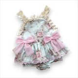 Sky Blue Pink Roses Romper