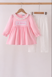 Pink Lil sister embroidery ruffle pants set