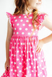 Pink Polka Dots Flutter Sleeve Twirl Dress