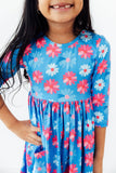 Cotton Candy Daisy 3/4 Sleeve Pocket Twirl Dress
