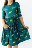 North Dakota State University Green Bison 3/4 Sleeve Pocket Twirl Dress