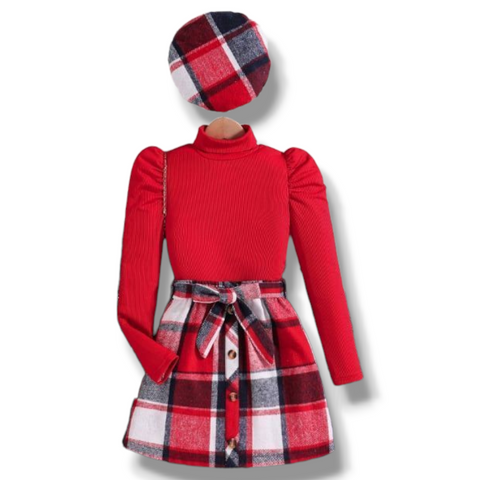 Red Plaid Flannel Skirt Set w/Beret