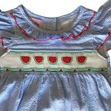 Blue Gingham Watermelon Smocked Bishop Sundress