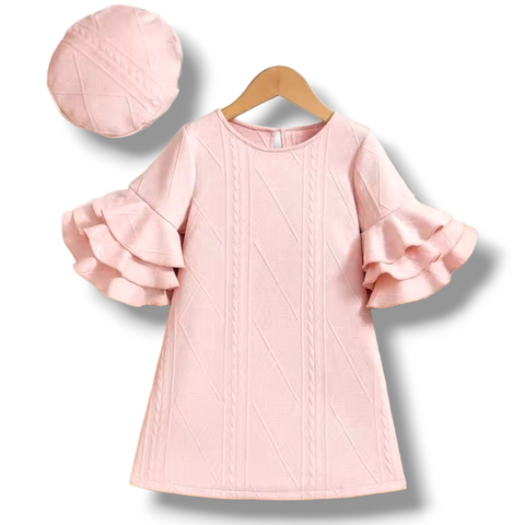 "Luna" Pink Ruffle Sleeve Dress w/Beret