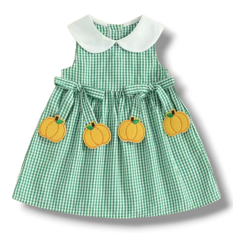 Green Check Pumpkin Bow Dress
