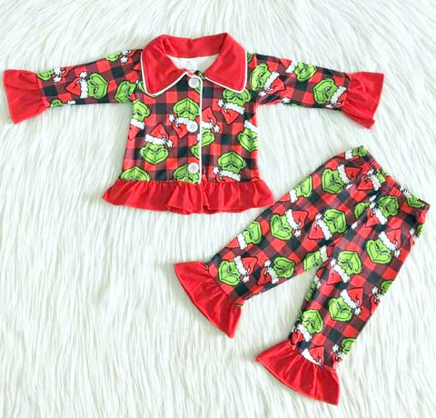 Grinch Red Plaid Ruffled Pajamas