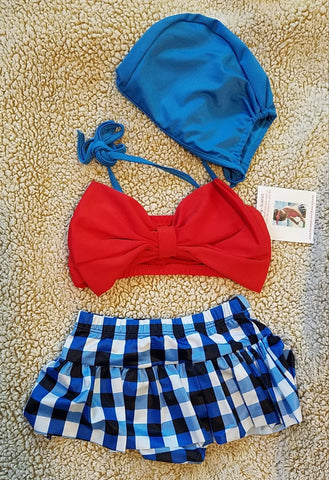 Red Bow Top w/Blue Checkered Bikini 3pc *Clearance*