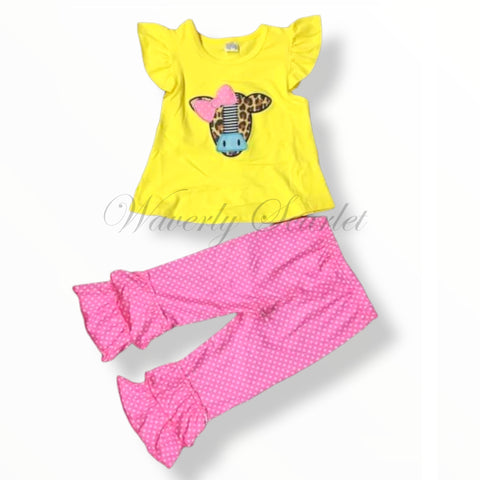 Yellow Cow Flutter & Pink Pant Set