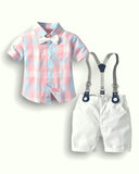Pink/Blue Plaid Shirt & White Suspender Shorts